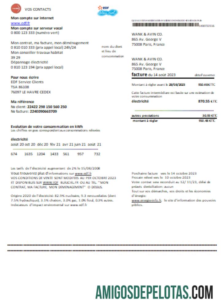 Projeto de lei comercial de comprovante de endereço da EDF França, SCR exemplo